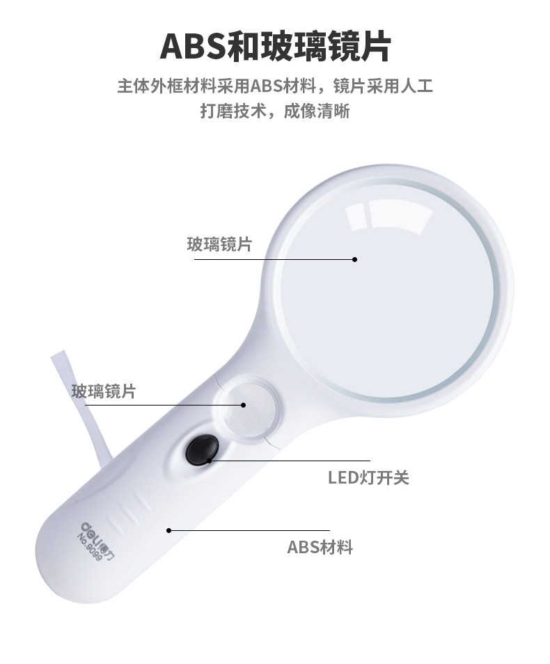 得力/deli 得力9099放大镜手持式高清便携式大小镜头11倍LED灯 光学放大镜老人儿童学生阅读