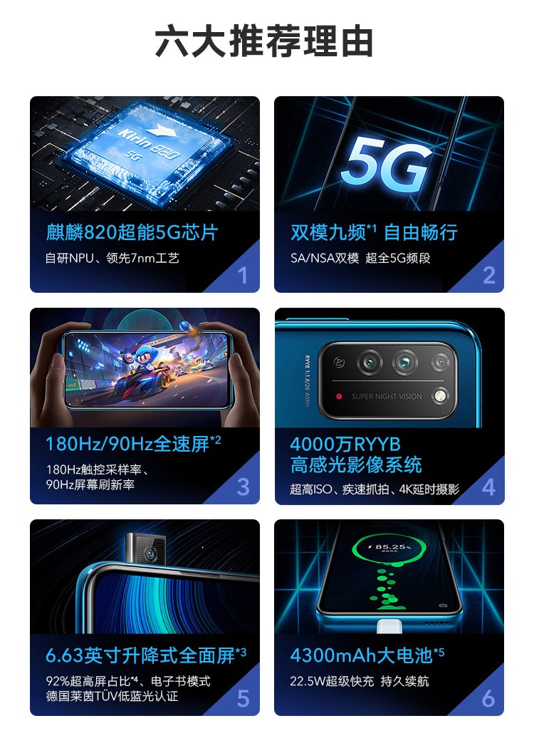 华为/HUAWEI 荣耀 X10 8GB+128GB 麒麟820 双模5G九频 90Hz全速屏手机