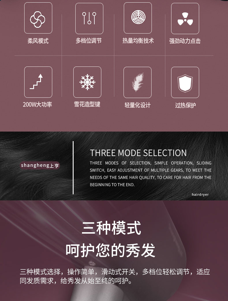 上亨 可折叠电吹风机 家用静音 蓝光大功率负离子护发一键冷热风循环 干发机 专业恒温速干电吹风