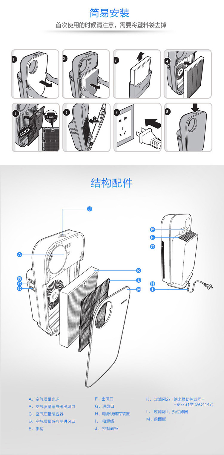 飞利浦PHILIPS空气净化器 过滤病毒 家用除甲醛 除雾霾 除过敏原 除细菌AC4074/01