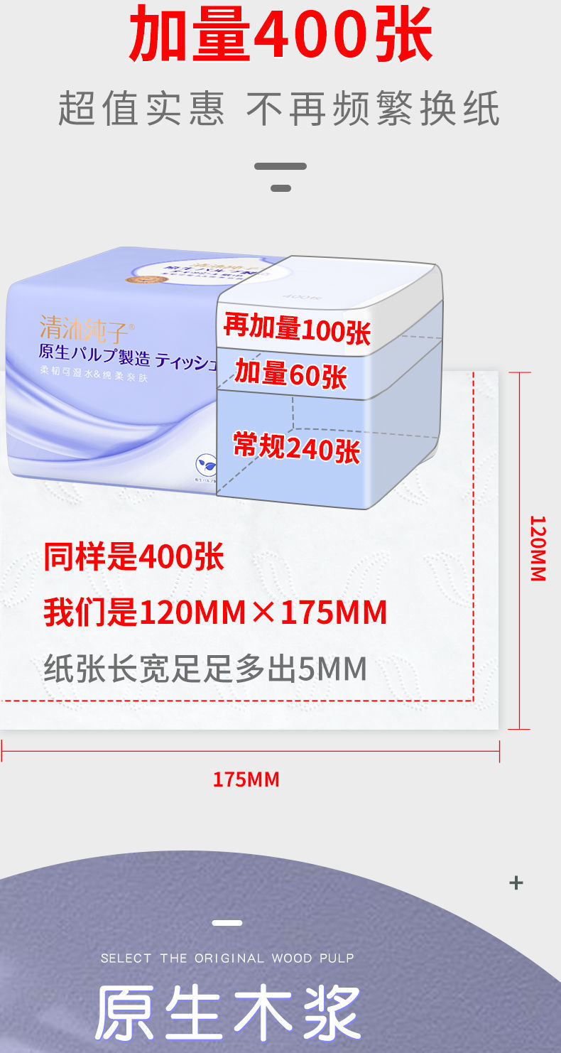 【4层100抽/包】大包纸巾抽纸可湿水面巾纸擦手卫生纸家用实惠装整箱餐巾纸