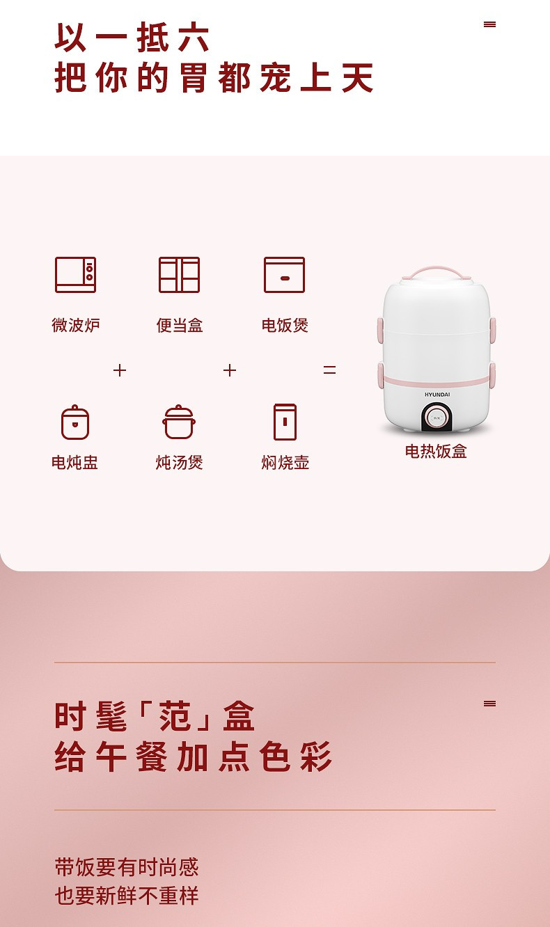 韩国现代/HYUNDAI多功能电热饭盒保温可插电加热保温蒸煮热饭带饭锅桶上班族便携 FH620