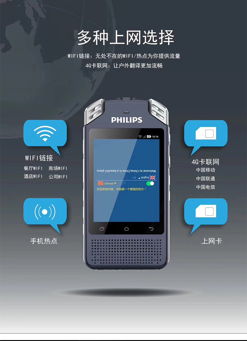 飞利浦/PHILIPS VTR8080/16GB多国语言翻译机器中外互译 离线 云翻译