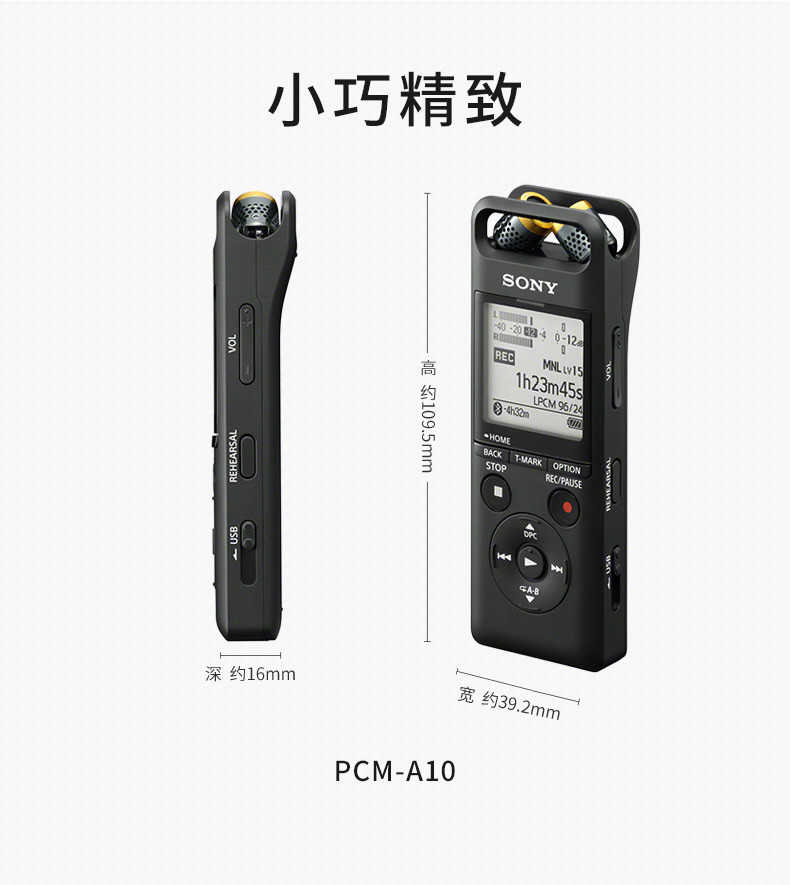 索尼/SONY 数码录音棒/录音笔PCM-A10 16GB 黑色 高清降噪 蓝牙操控 无损音乐播放