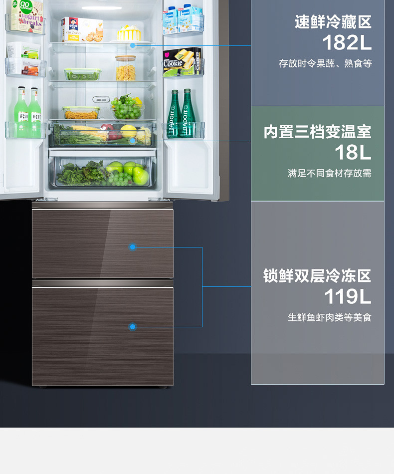 美的/MIDEA 四门家用净味冰箱法式多门能变频无霜智能电冰箱BCD-319WFGPZM(E)