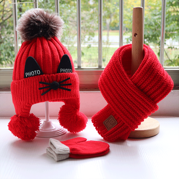 秋冬季宝宝帽子围巾套装儿童加厚针织毛线帽子围围脖手套可爱猫咪