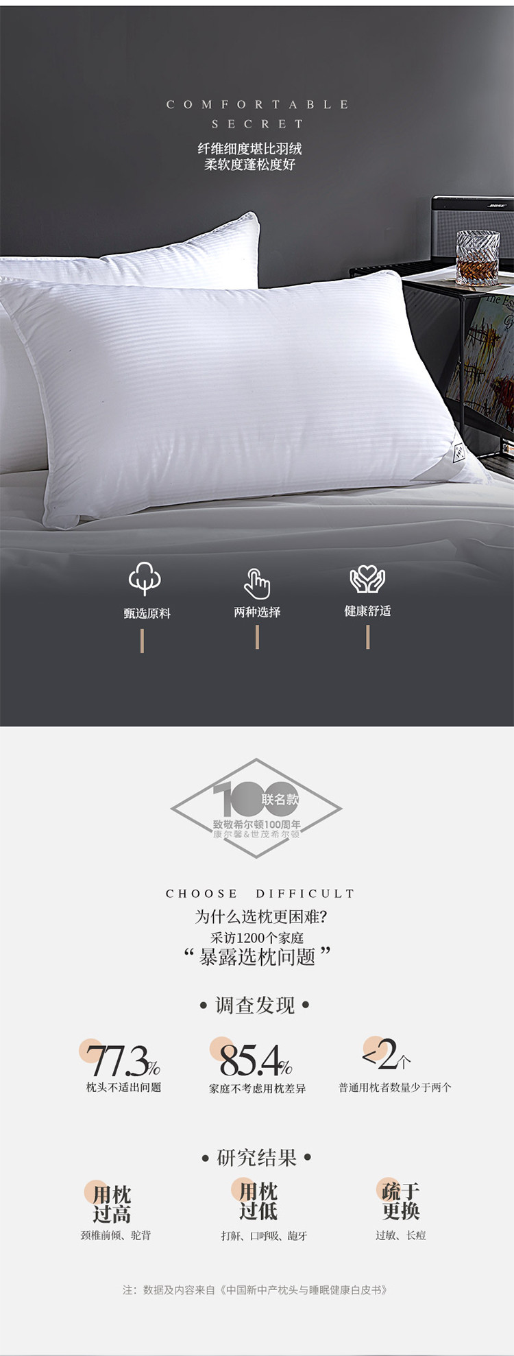 康尔馨 世茂希尔顿五星级酒店枕头家用护颈椎枕芯助睡眠（单只）