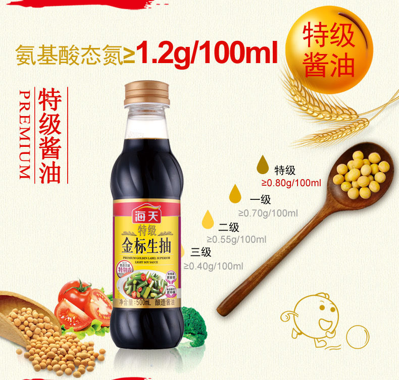 海天特级金标生抽500ml/瓶家用小瓶酿造酱油凉拌炒菜厨房调味料