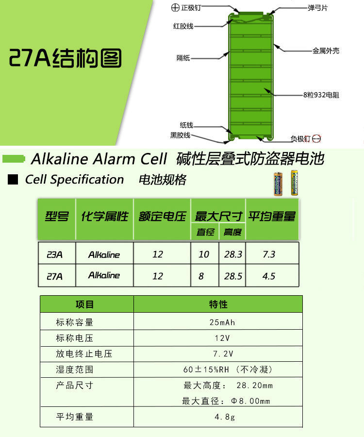 23A/27A12V电池门铃吊灯车库卷帘门遥控器电池