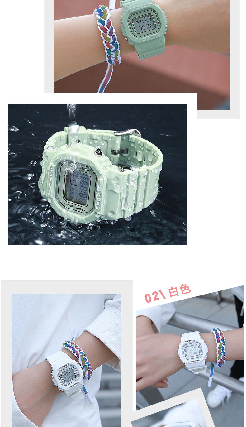 手表女学生独角兽ins电子表防水夜光韩版简约抹茶绿方块运动手表