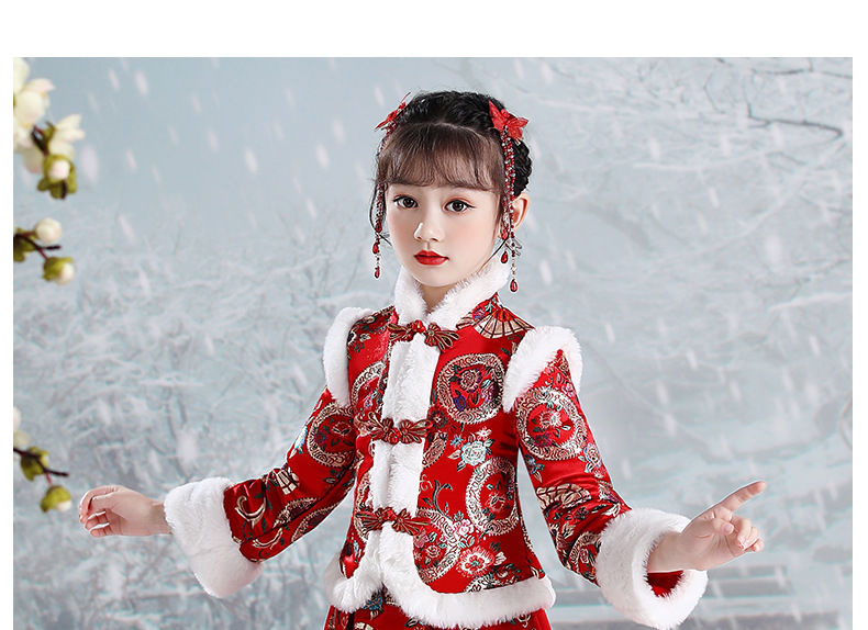 新款儿童汉服女童过年秋冬中国风唐装红色拜年服新年装古装加厚