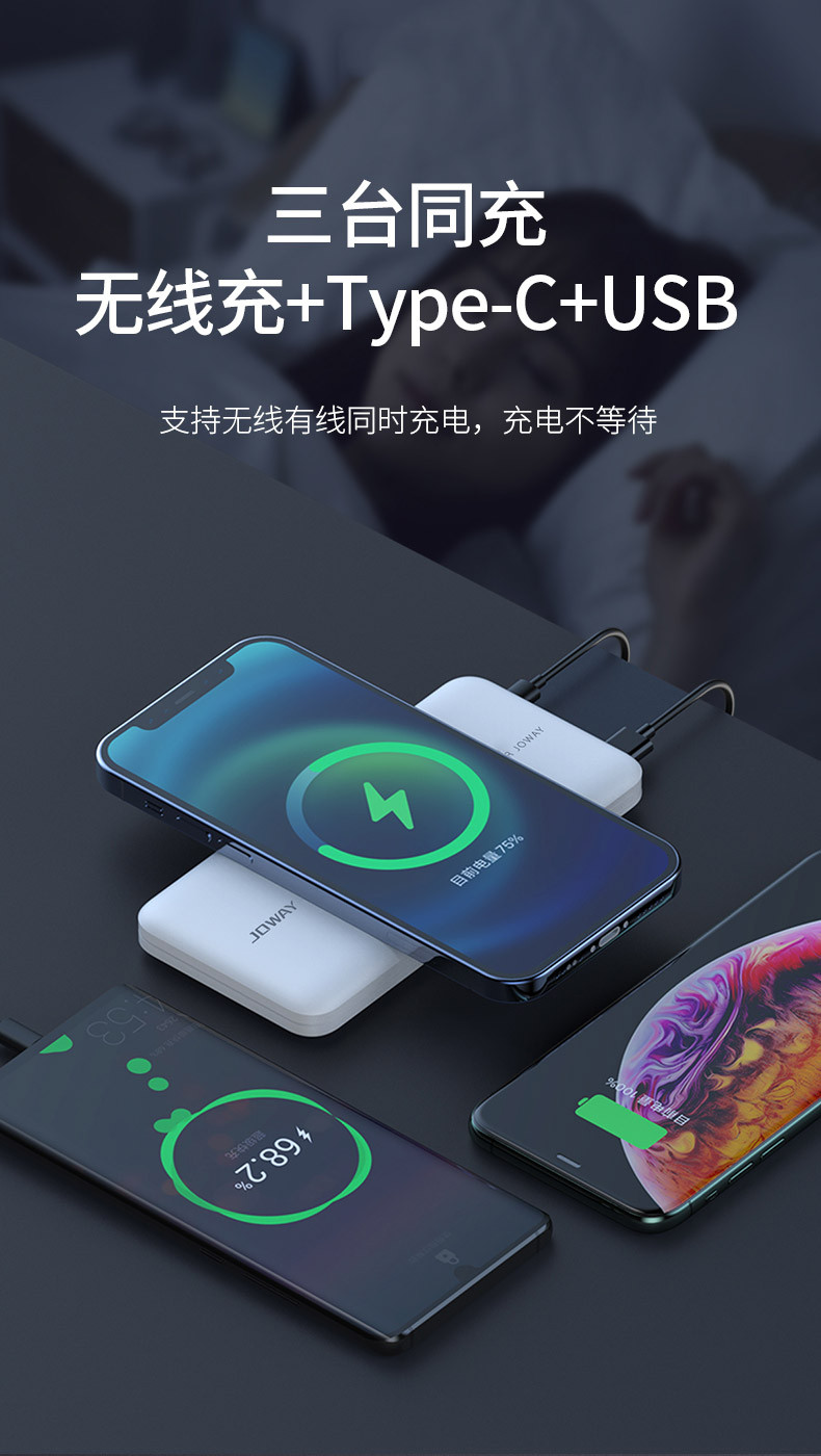 乔威/JOWAY JP283 无线快速充电宝 移动电源 手机充电宝 15W无线快充 10000毫安