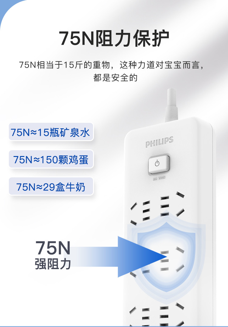 飞利浦新国标安全插座 6位总控 5米 儿童保护门 插线板/插排/排插/接线板/拖线SPB2161WC