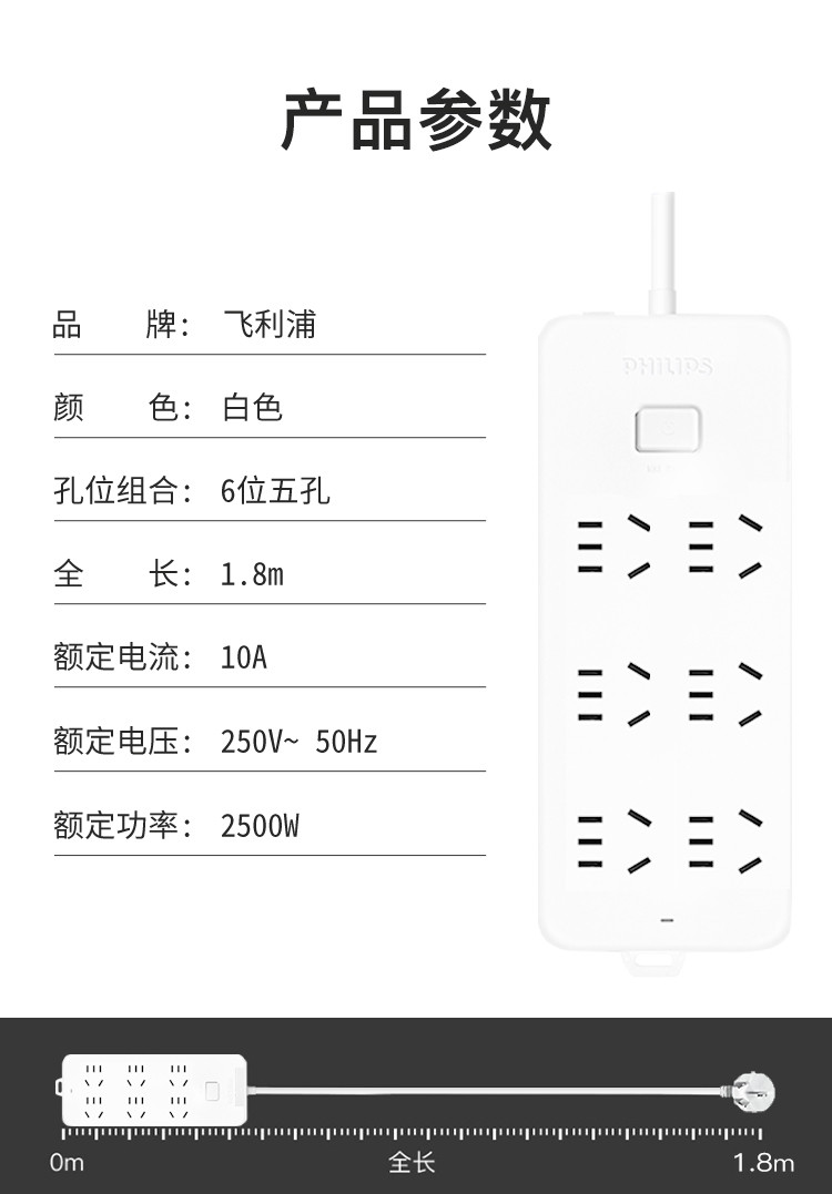 飞利浦新国标安全插座 6位总控 5米 儿童保护门 插线板/插排/排插/接线板/拖线SPB2161WC