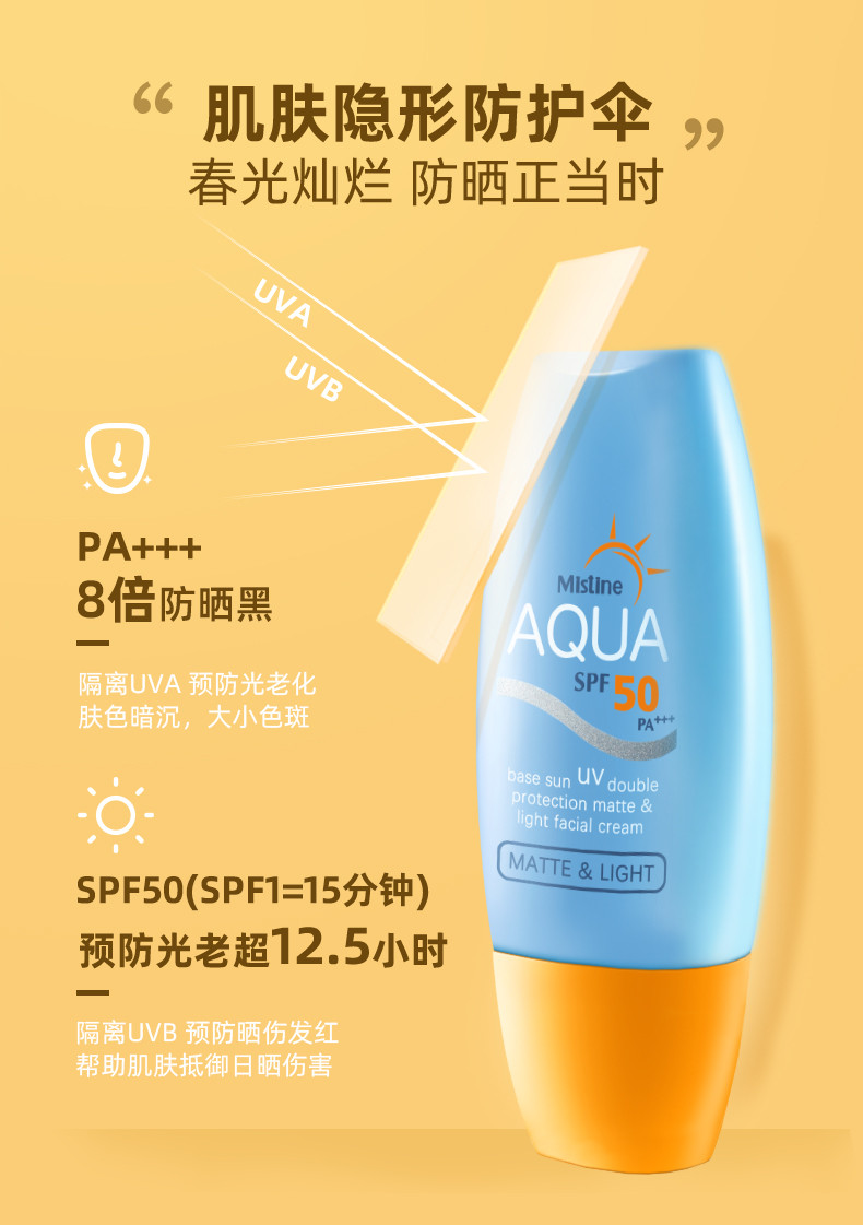 泰国Mistine小黄帽防晒霜乳女spf50+ 防紫外线40ML（包装随机）效期至2024年