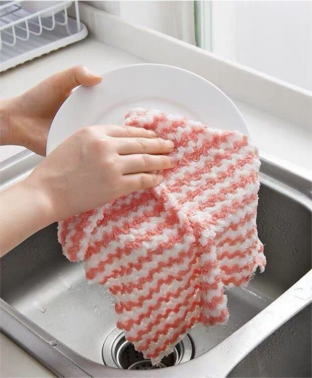【拍一发十条】加厚水波纹阳离子厨房抹布条纹家用清洁珊瑚绒洗碗 宏海