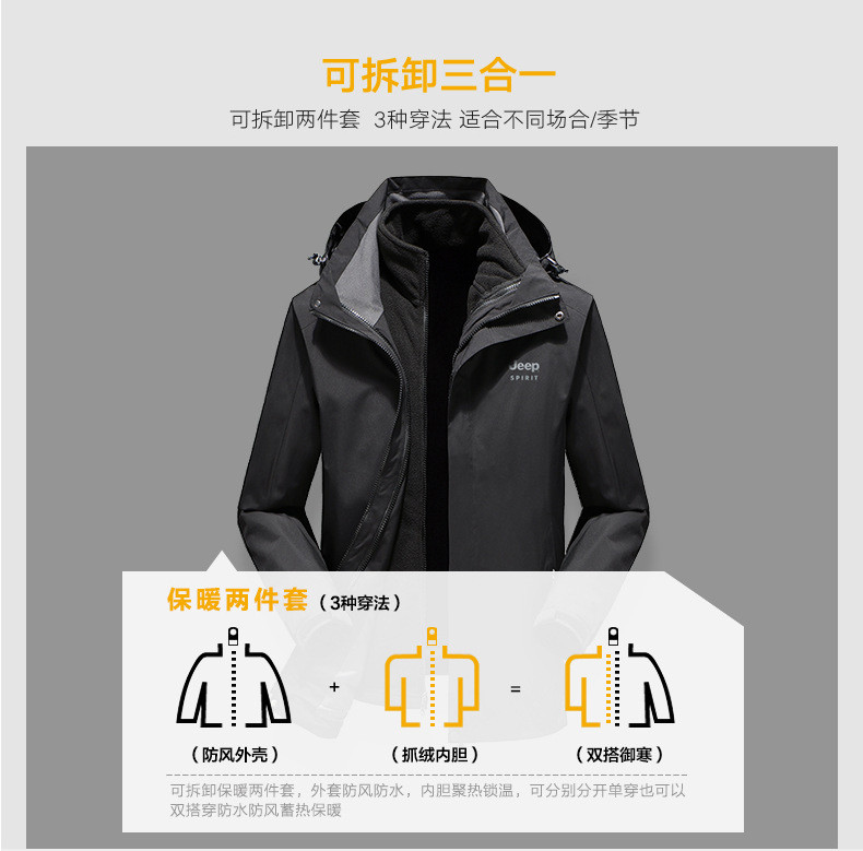 JEEP SPIRIT 冲锋衣男防寒服外套冬季新款户外防水保暖登山服9905