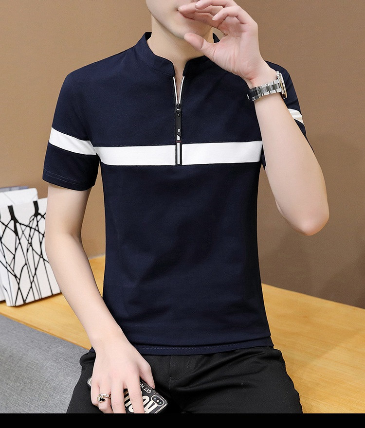 verhouse  夏季新款修身舒适短袖T恤男时尚韩版撞色百搭立领上衣