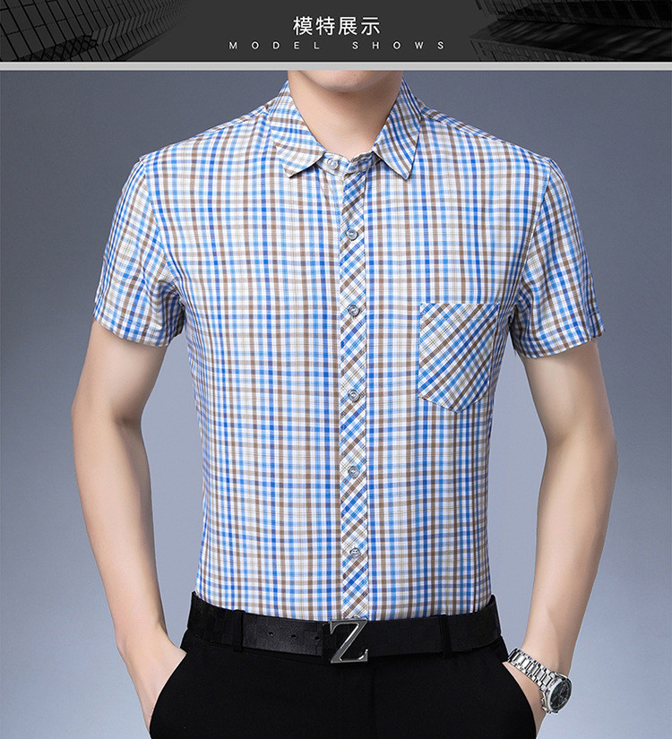 verhouse 夏季新款舒适休闲男士格子衬衣修身翻领薄款短袖衬衫