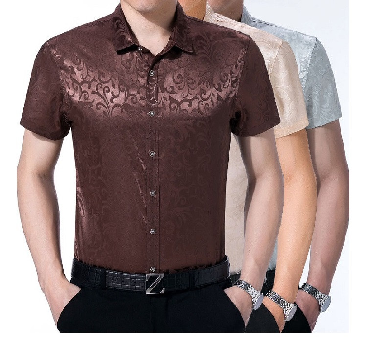 verhouse 夏季新款商务百搭光面提花纯色衬衫中年男士修身短袖衬衣