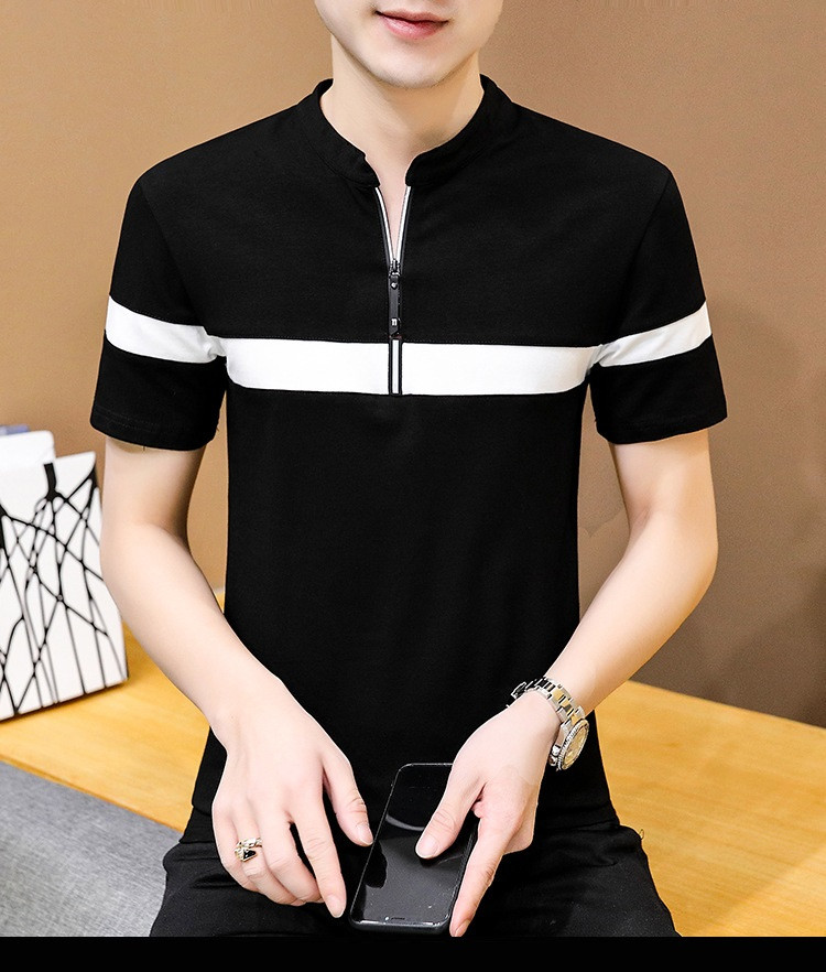 verhouse  夏季新款修身舒适短袖T恤男时尚韩版撞色百搭立领上衣