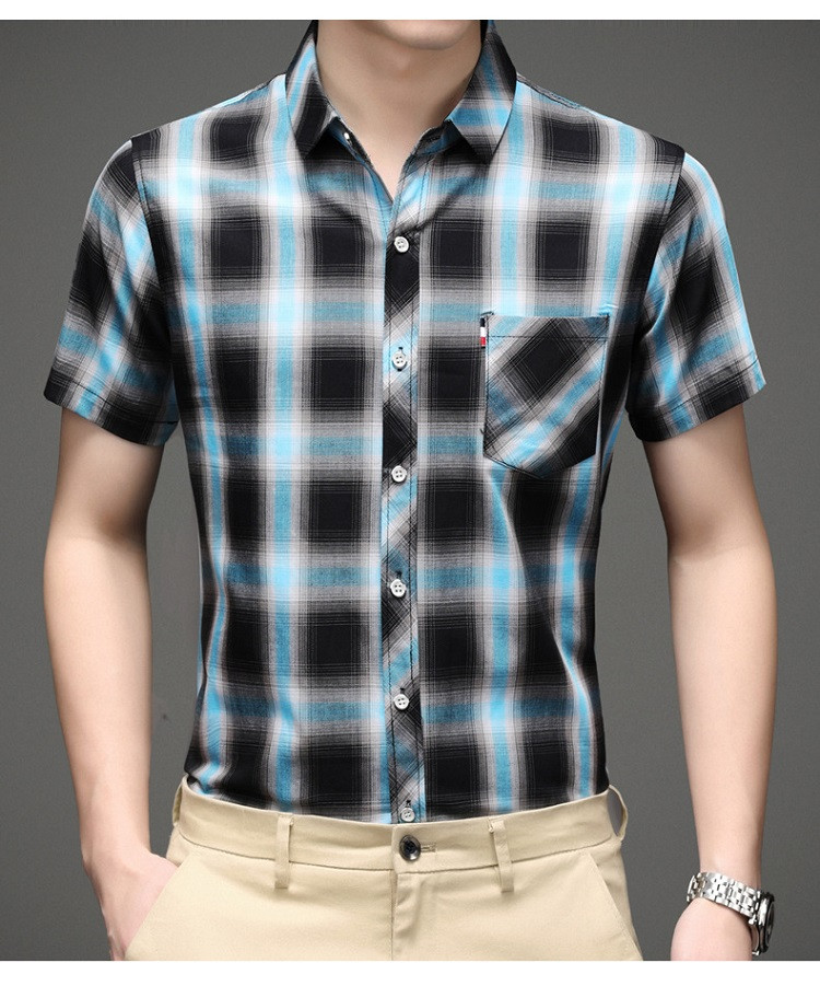 verhouse 夏季新款中年人男士格子衬衫休闲百搭薄款短袖衬衣