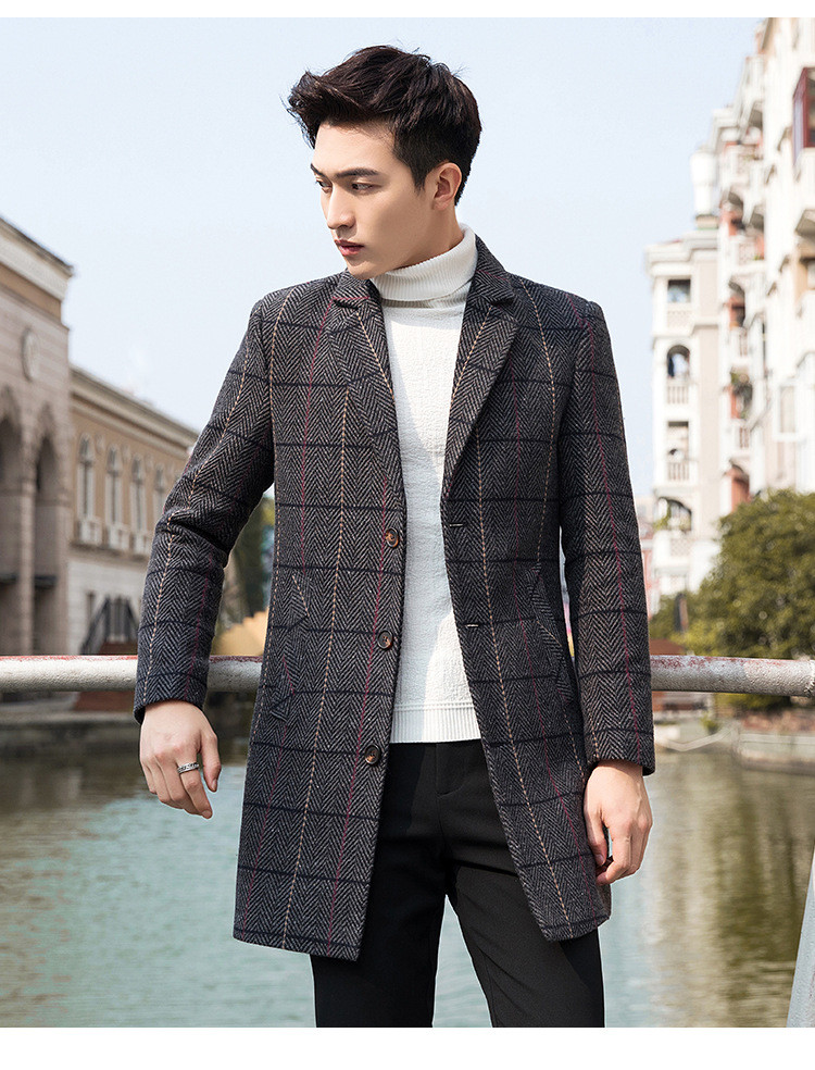verhouse 冬季新款韩版修身时尚单排扣呢子大衣休闲男式中长款毛呢外套