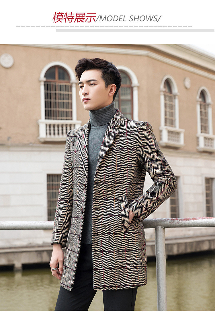 verhouse 冬季新款韩版修身时尚单排扣呢子大衣休闲男式中长款毛呢外套