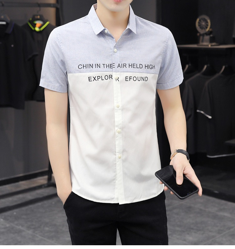 verhouse 短袖衬衫男夏季新款潮流韩版青年衬衣时尚字母印花开衫上衣