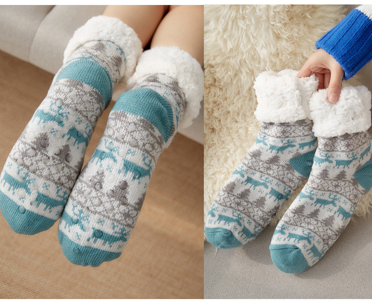 verhouse 加绒圣诞袜子冬季新款加厚保暖雪地袜复古提花中筒地毯袜