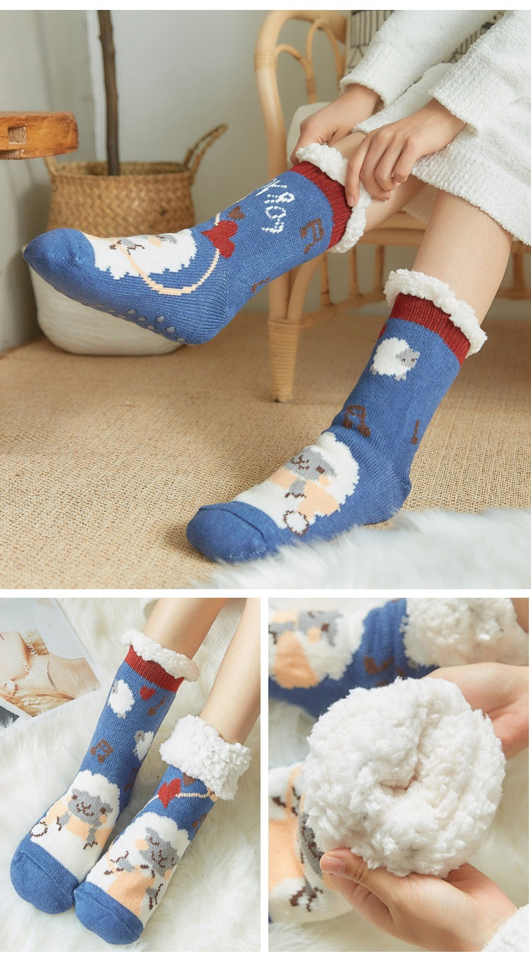 verhouse 加绒圣诞袜冬季新款家居地毯地板袜加厚保暖雪地袜女士中筒袜