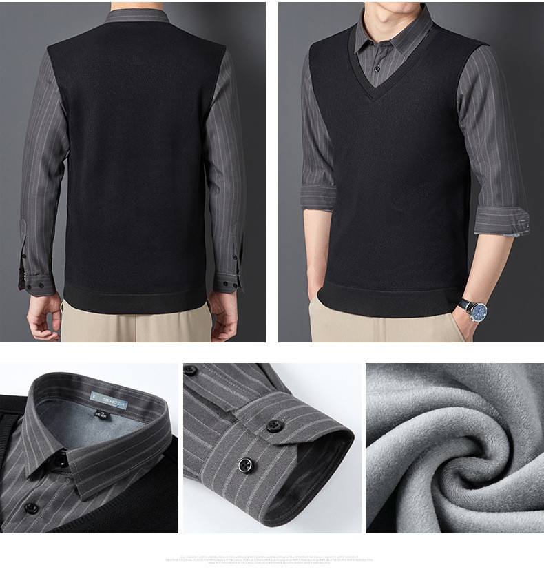 verhouse 男士衬衫领假两件毛衣冬季新款保暖加厚加绒背心式毛衣