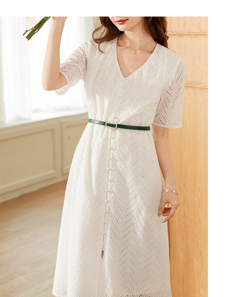 verhouse 夏季新款女士连衣裙V领镂空树叶花短袖白色优雅中长裙
