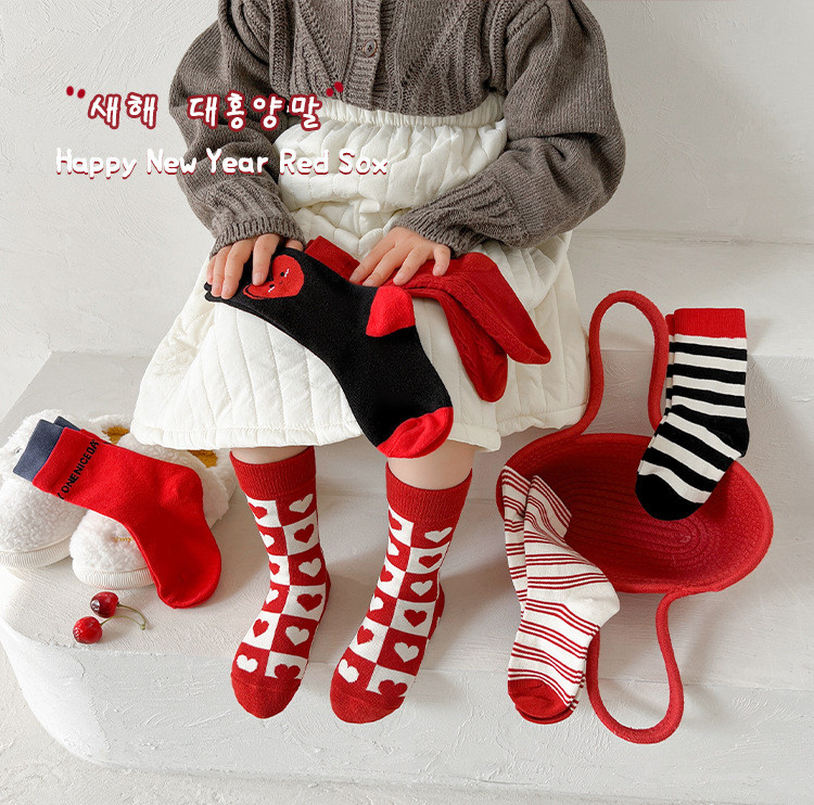  模范丈夫 3双装儿童长袜大红色本命年冬季休闲长筒袜 亲肤舒适 喜庆洋洋