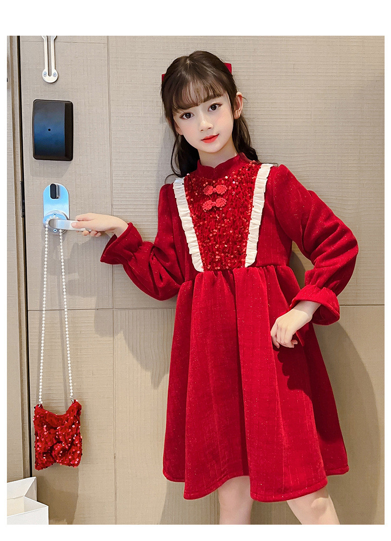  模范丈夫 女童红色年服冬季加绒旗袍裙装带包包中大童丝绒连衣裙 加绒保暖