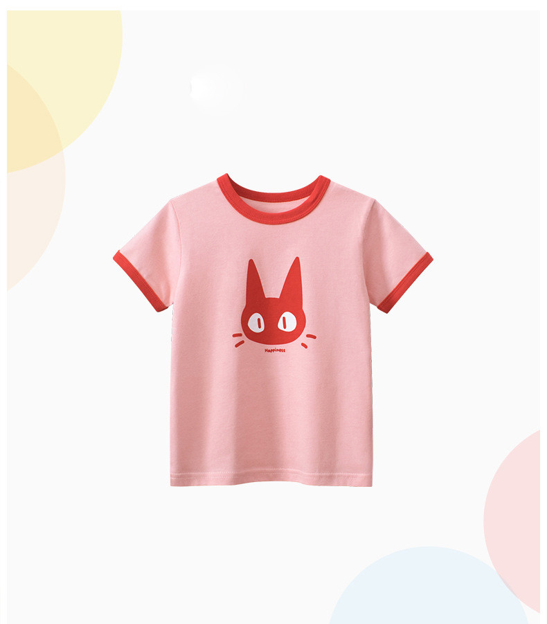 verhouse 童装夏季短袖T恤粉红猫咪图案上衣 90cm 休闲 可爱卡通
