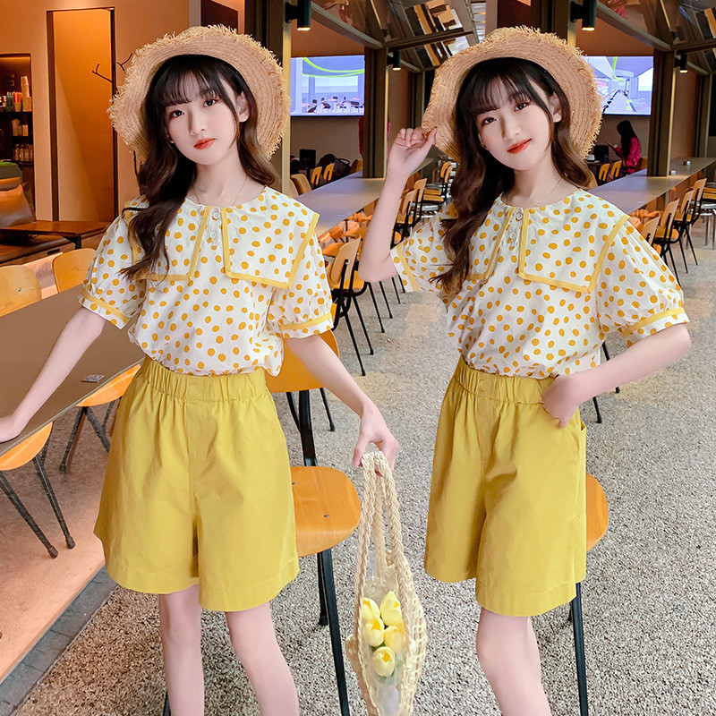 verhouse 夏季女童套装短袖黄色波点上衣段短裤两件套 休闲 时髦