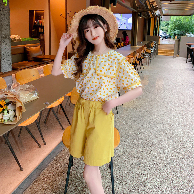 verhouse 夏季女童套装短袖黄色波点上衣段短裤两件套 休闲 时髦