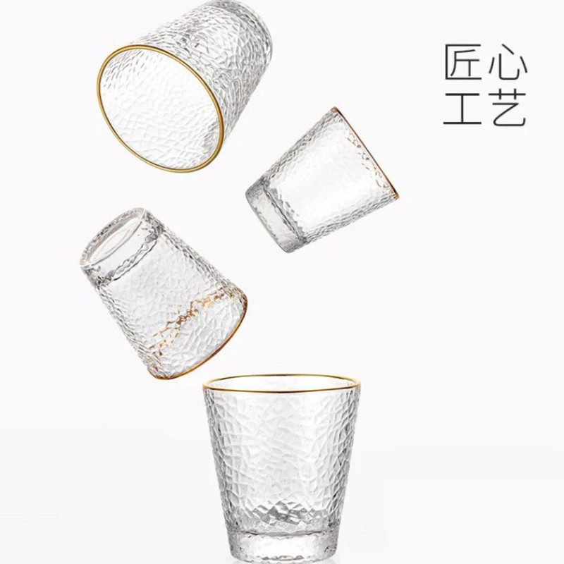 鲁凤来 玻璃杯 金边锤纹玻璃杯 家用轻奢透明水杯牛奶果汁饮料杯