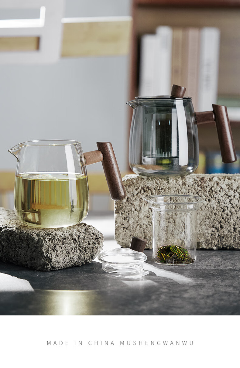 鲁凤来 茶壶 中式木把高硼硅玻璃煮茶壶 透明玻璃茶水分离茶具套装