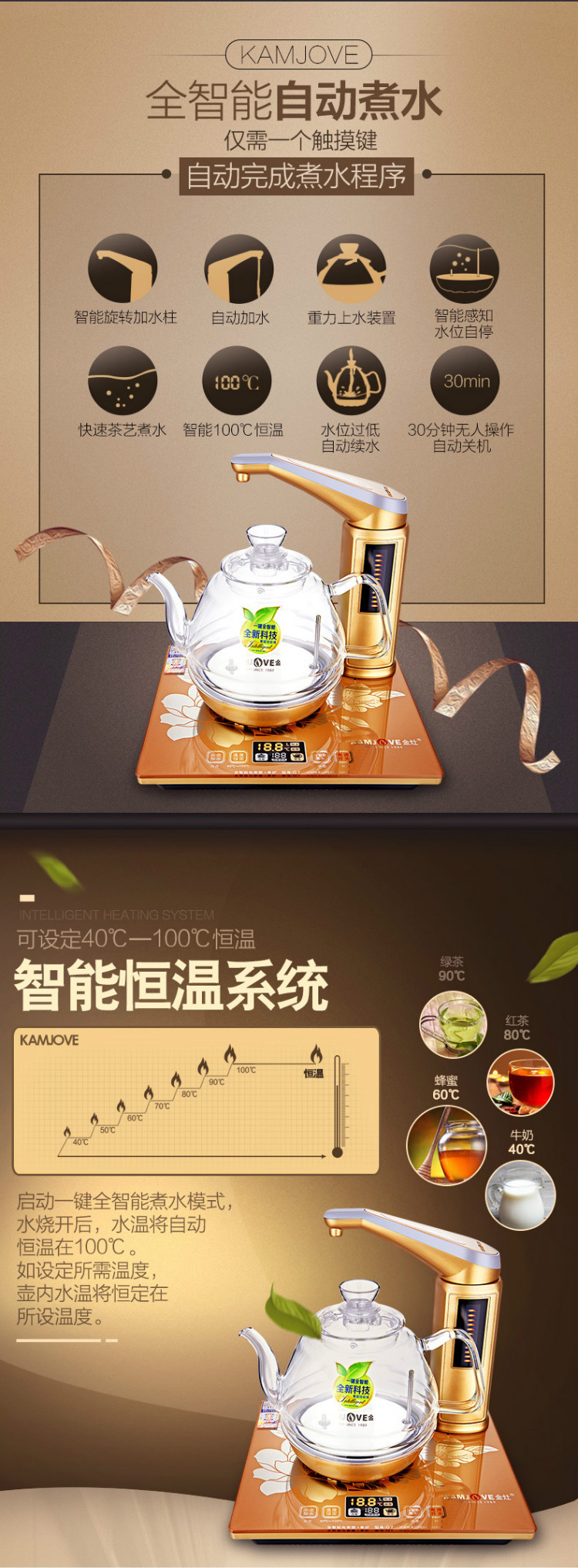 金灶 茶壶全智能自动上水热水壶玻璃水壶G7 香槟金