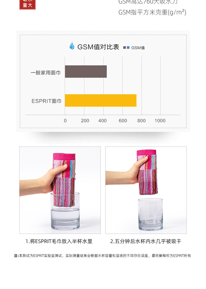 ESPRIT 100%全棉方巾纯棉吸水亲肤柔软小毛巾四方大人洗脸擦手巾