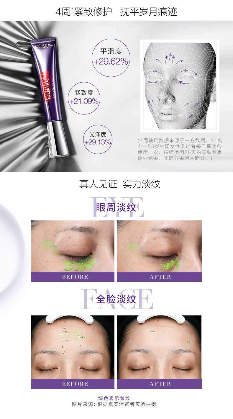 欧莱雅/LOREAL 紫熨斗复颜玻尿酸水光充盈全脸淡纹眼霜30ml 玻色因补水保湿抗皱提拉紧致