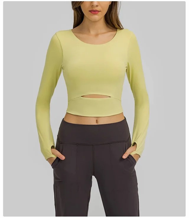 欧美新款含胸垫运动长袖T恤 半截短款户外跑步修身瑜伽上衣女