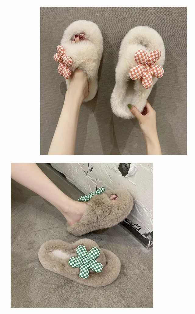 韩国时尚小清新格子花朵毛绒拖鞋女居家可外穿防滑耐磨休闲毛拖鞋
