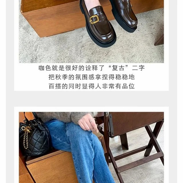 春夏四季款一字带方口粗跟一脚蹬圆头女式小皮鞋