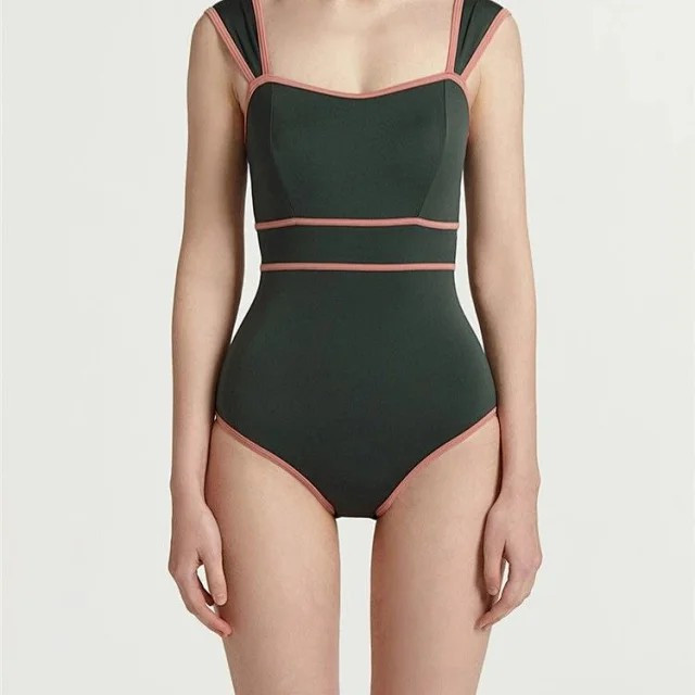 春夏新款撞色设计温泉游泳连体修身遮肚显瘦女士泳装