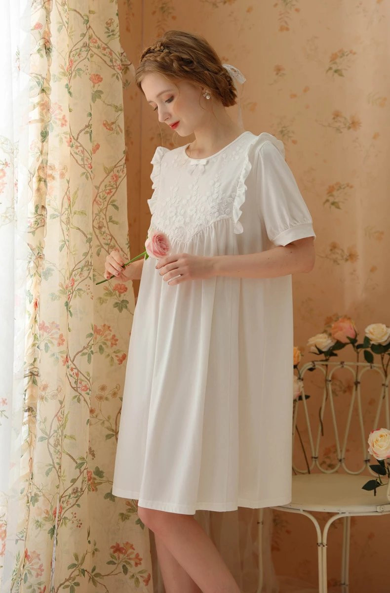 芙拉迪春夏法式甜美风女士针织棉短袖睡裙
