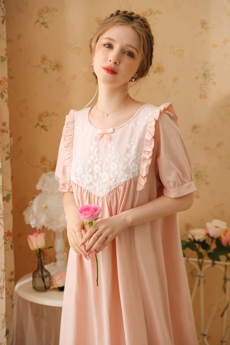 芙拉迪春夏法式甜美风女士针织棉短袖睡裙