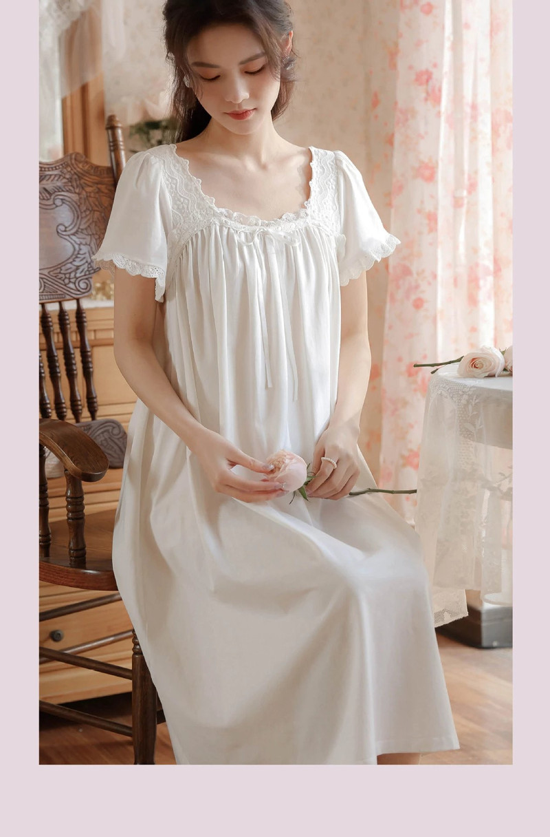 芙拉迪 夏季长款法式复古公主风蕾丝短袖棉质女士睡裙 M